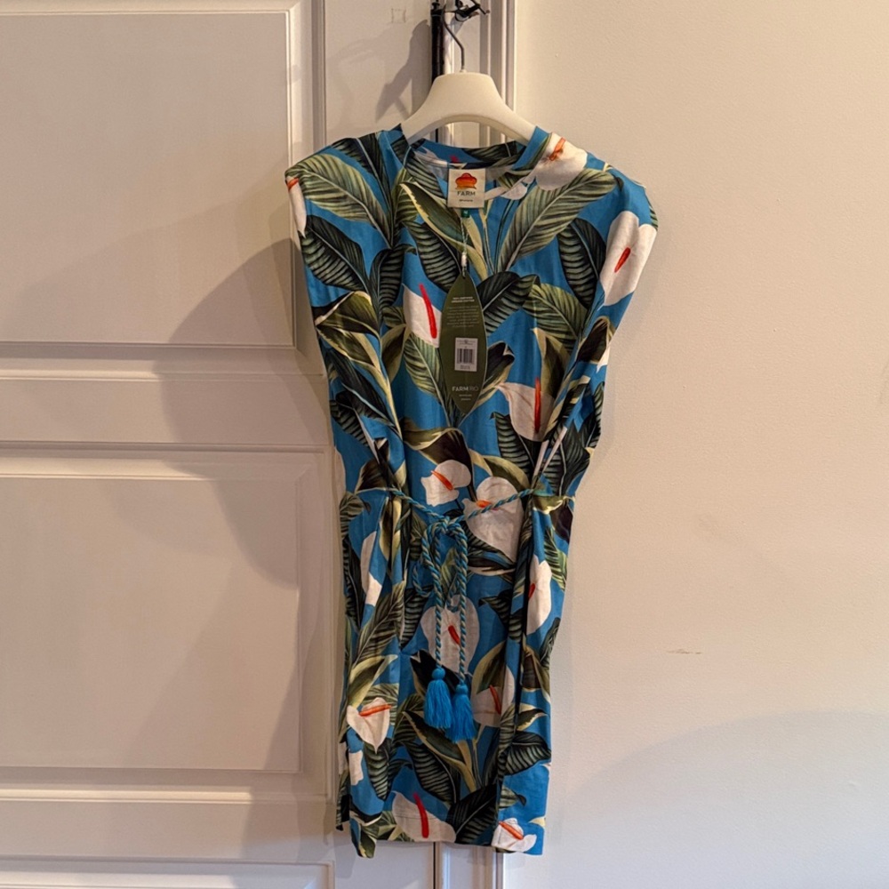 Farm RioTropical Print Blue Women's Dress with Tassel Belt